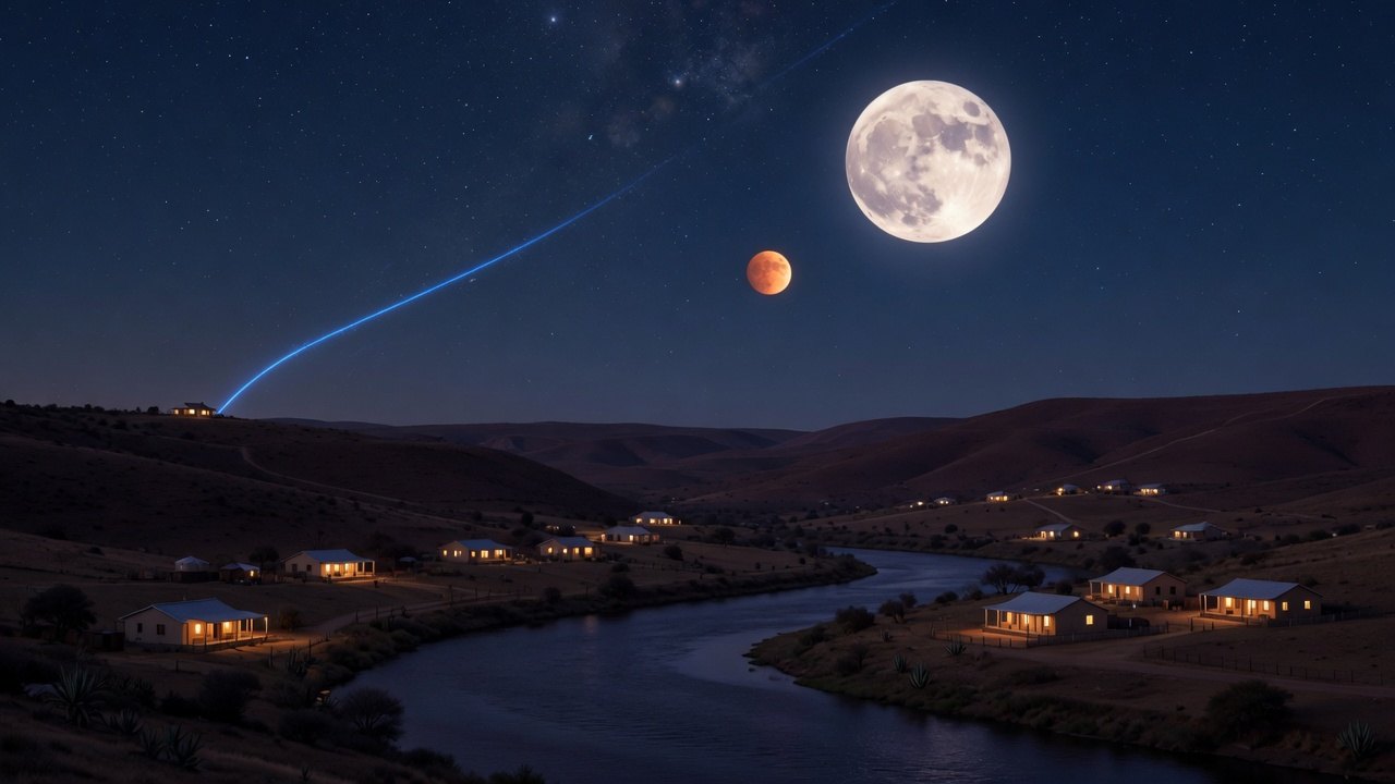 The valley at night under the Moon and Mars
