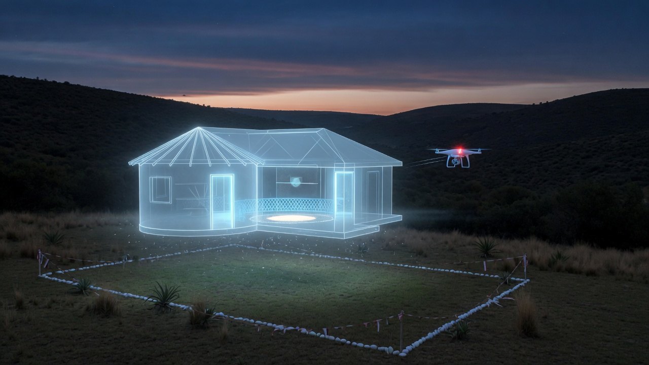 A homestead drawn in light